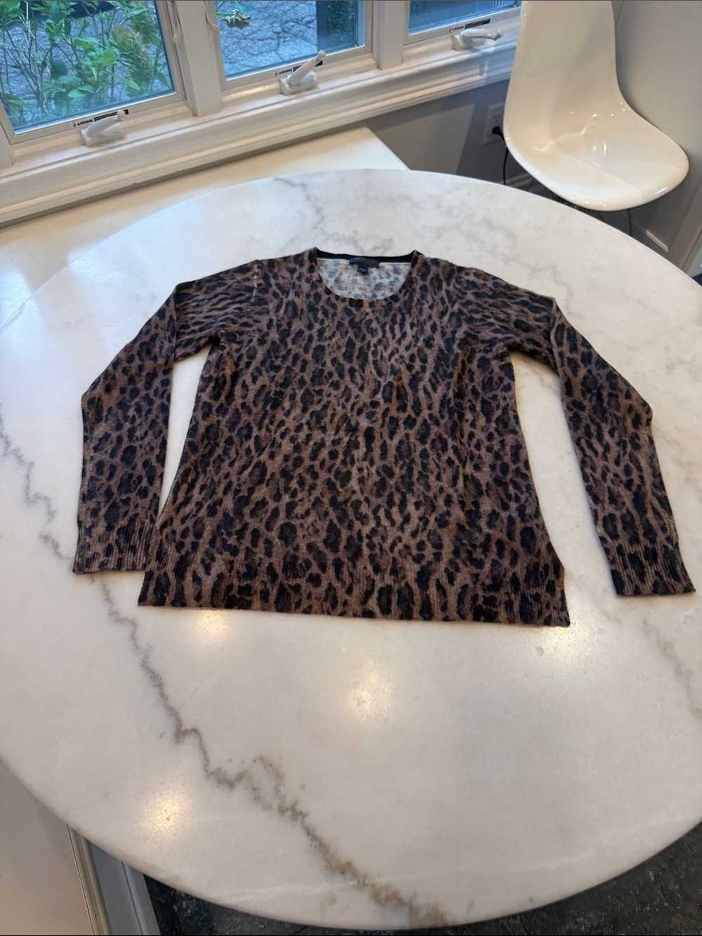 NWOT Saks Fifth Avenue Leopard Print Cashmere Crewneck Sweater - Brown/Black